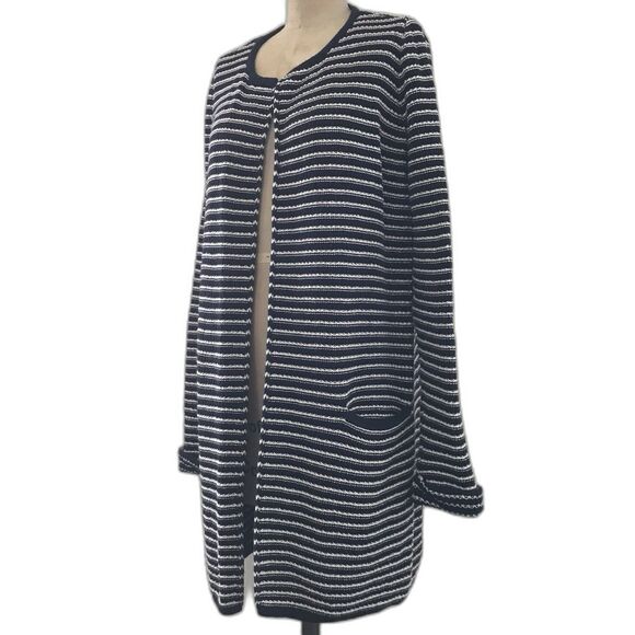 Tommy Hilfiger Navy Blue Striped Cotton Knit Preppy Duster Cardigan Sweater - M - Picture 1 of 9